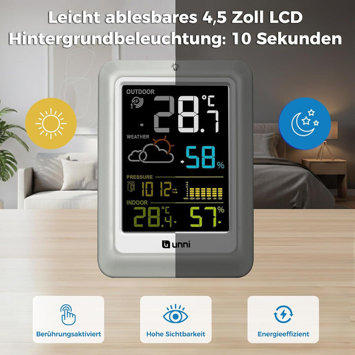 U UNNI Funk Wetterstation mit Aussensensor Batterien oder USB betrieben, Wettervorhersage Funkwetter