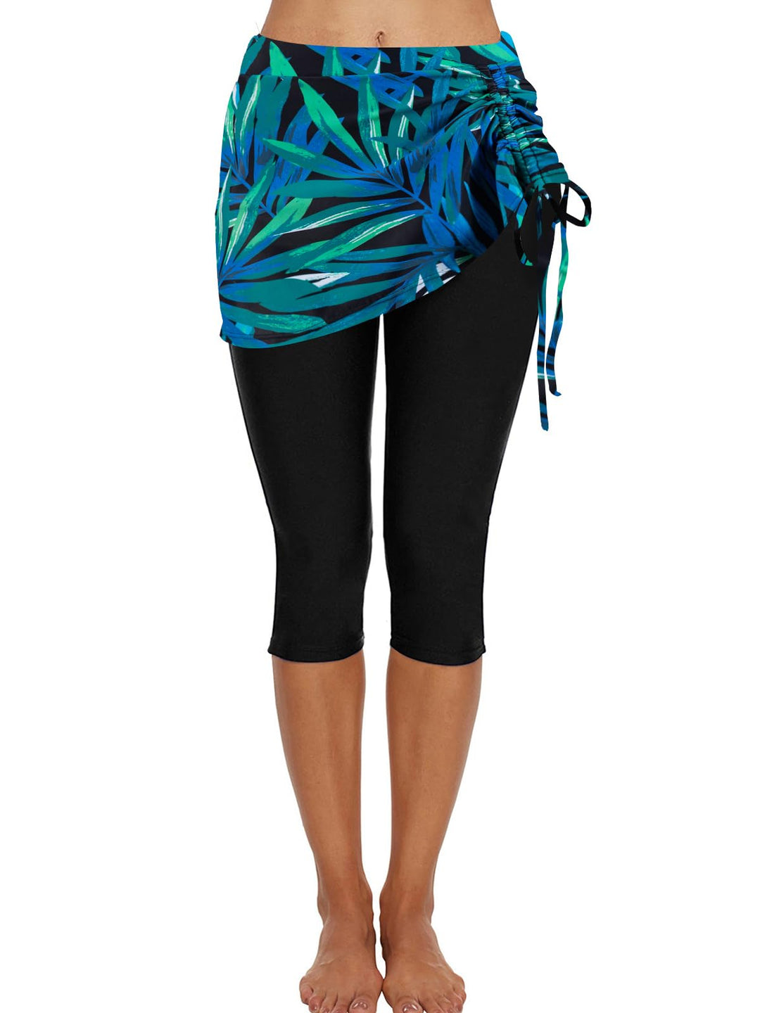 Ecupper Badehose Damen Lang Schwimmhose Capri Badeleggings Mit Rock Schwimm S Grün-blau-blatt, S Grü
