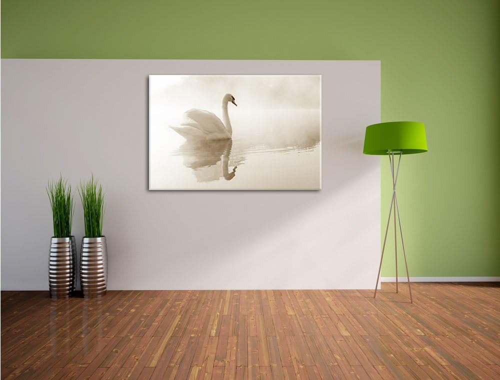 Weisser Schwan im Morgennebel Format: 100x70 auf Leinwand, XXL riesige Bilder fertig gerahmt mit Kei