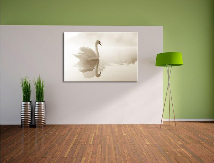 Weisser Schwan im Morgennebel Format: 100x70 auf Leinwand, XXL riesige Bilder fertig gerahmt mit Kei