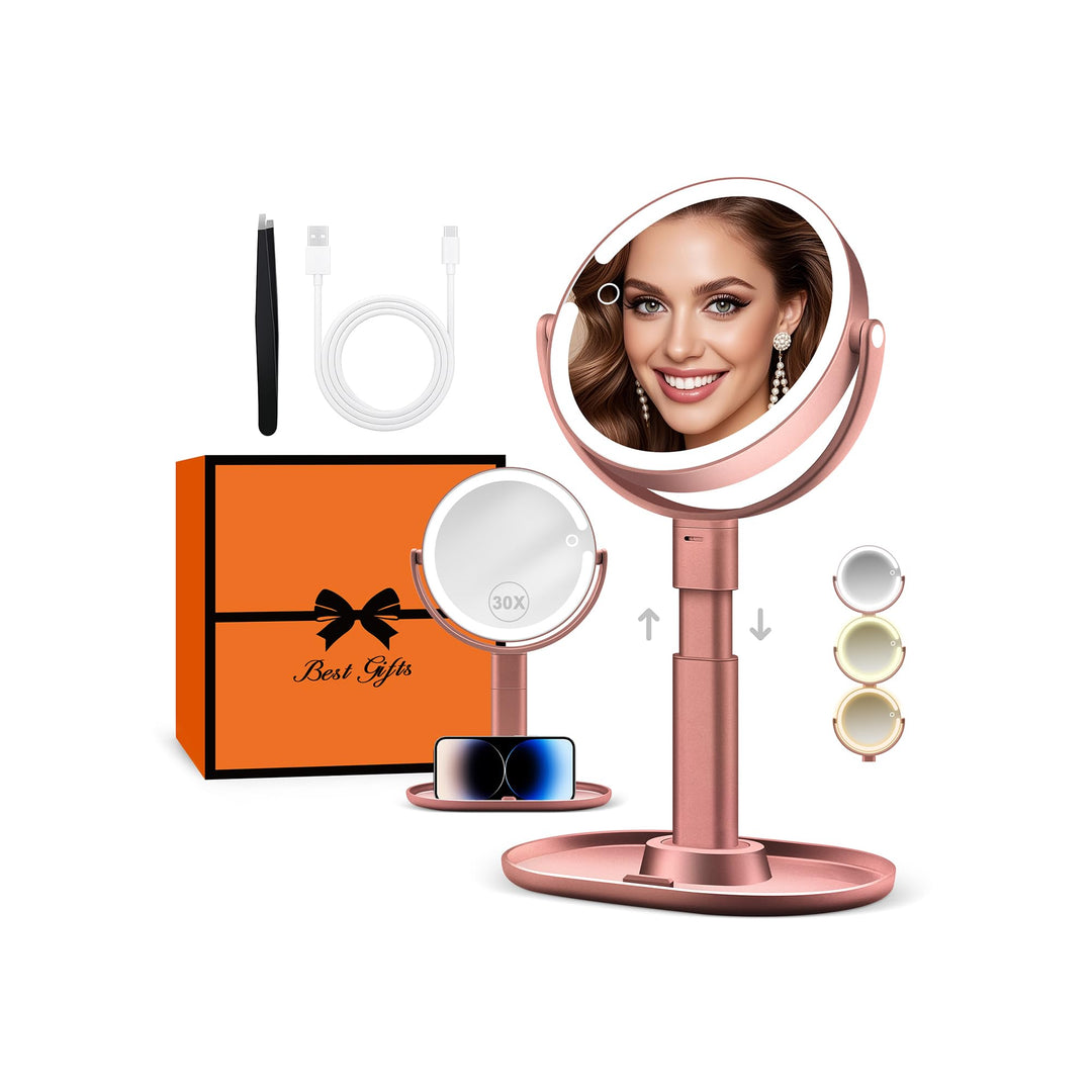 B Beauty Planet Beleuchteter Makeup Spiegel 30X Vergrösserungsspiegel mit 3 Farblicht, dimmbare LED