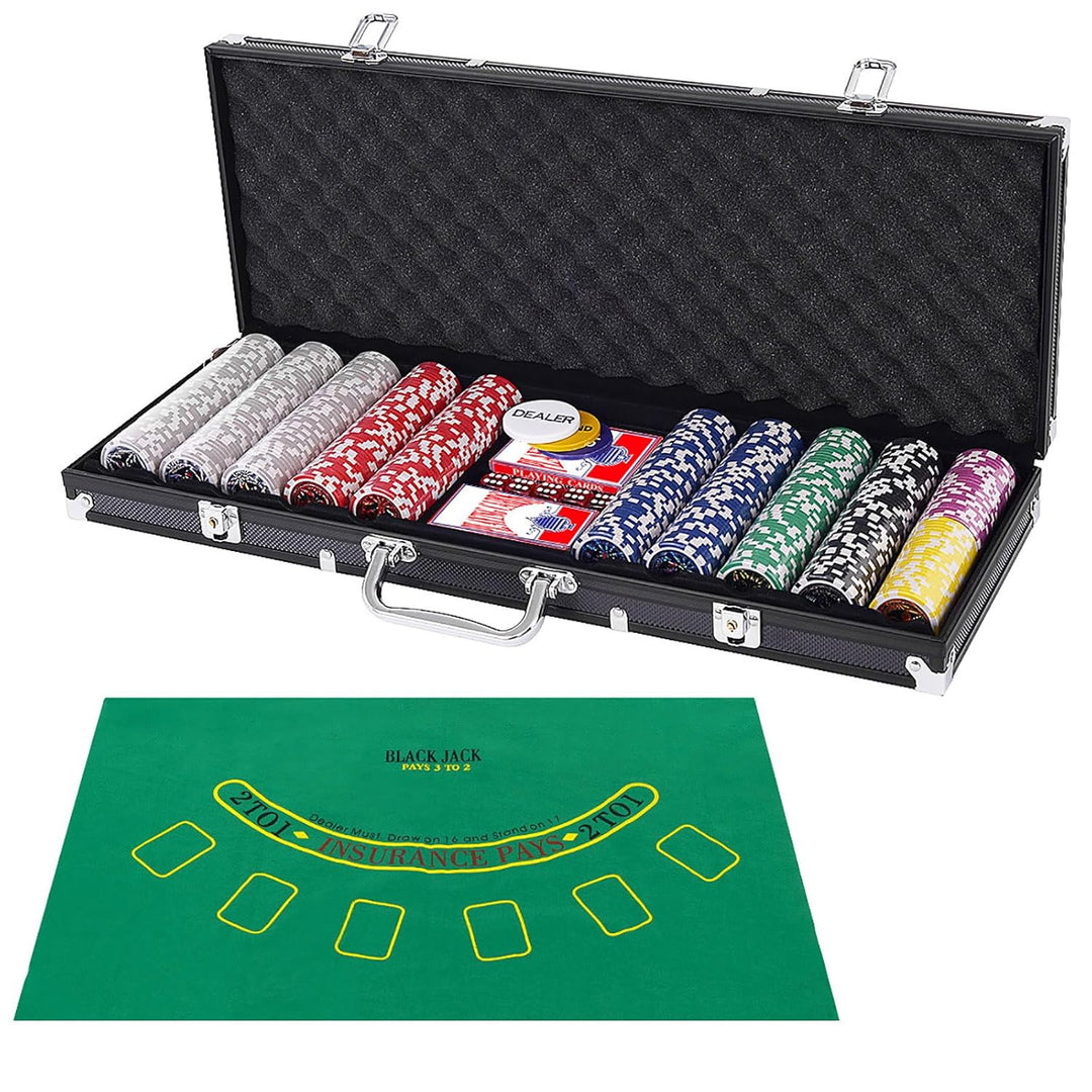 COSTWAY 500 Laser-Chips Pokerset, Poker Komplett Set mit Chips, 2 Spielkarten, 5 Würfel, 3 Händler-C