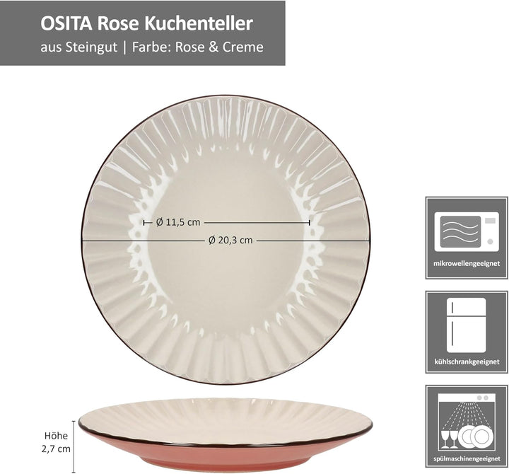 MÄSER OSITA Rose-Weiss 6er Set Kuchenteller I rosa &amp; cremefarbene Steingut-Frühstücksteller für 6 Pe