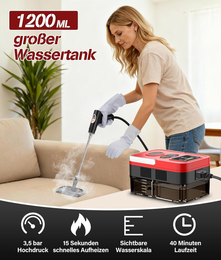Dampfreiniger multifunktional für den Heimgebrauch, 1200 ml Wassertank, LCD-Display und verstellbare