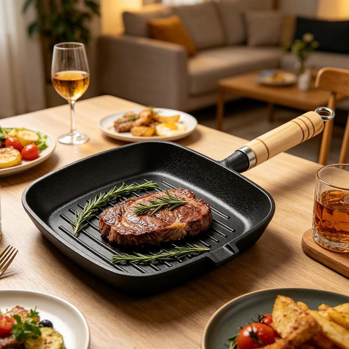 Grillpfanne 22x22 cm, Steakpfanne mit Ausgiesser und Holzgriff Geeignet für Induktion und Herdarten