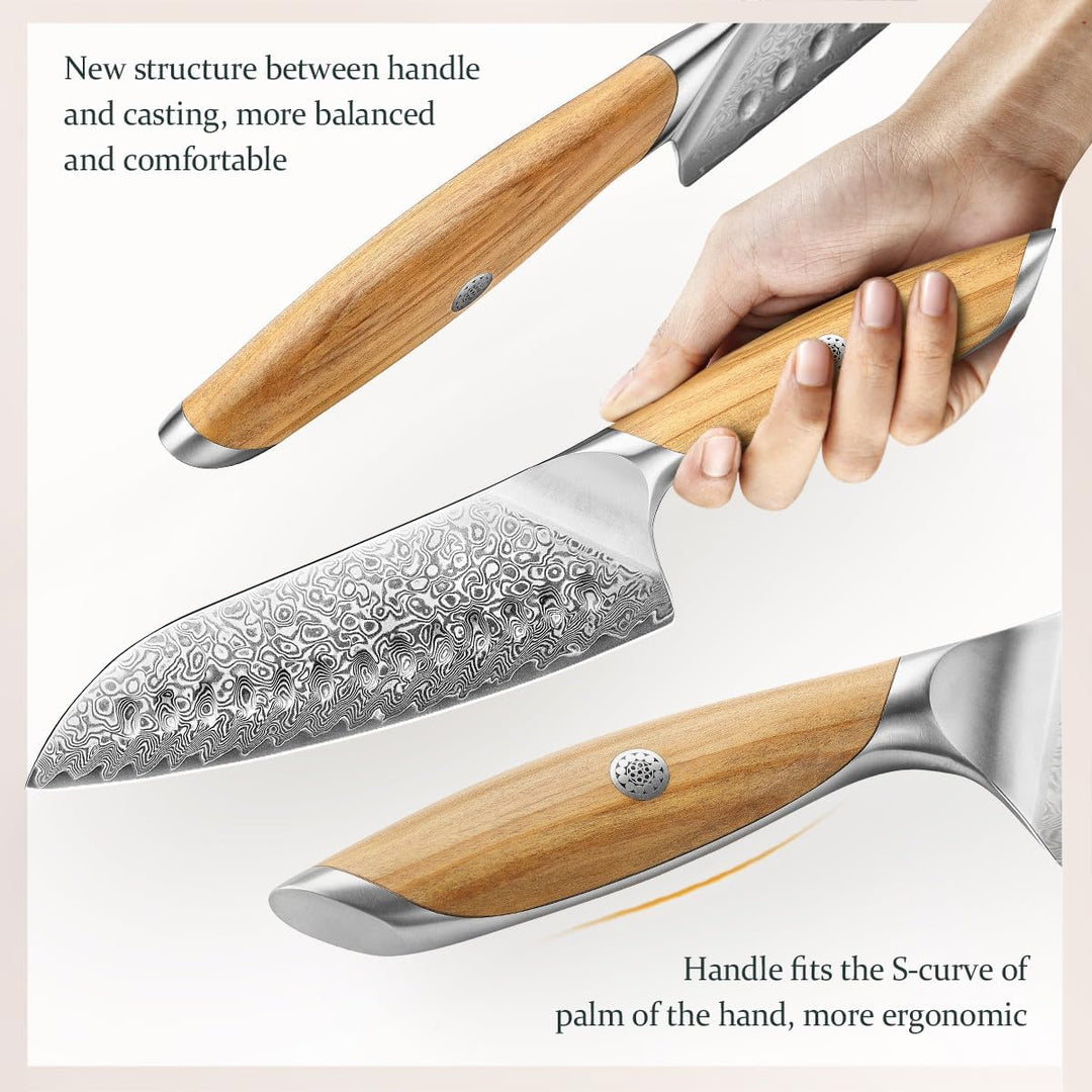 HEZHEN Damast Santokumesser Kochmesser 73 Schichten Damastmesser Küchenmesser mit Olivenholz Griff,