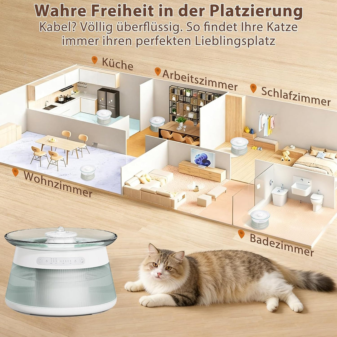 2.5L Trinkbrunnen für Katze Kabellos,Ohne Filter,Katzenbrunnen Kabellos mit Bewegungsmelder,Abwasser