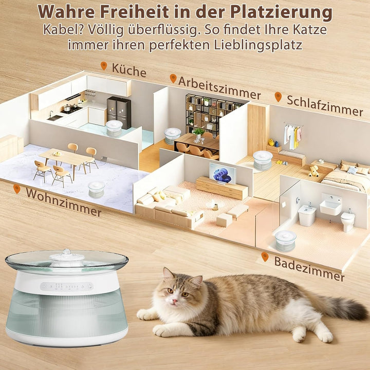 2.5L Trinkbrunnen für Katze Kabellos,Ohne Filter,Katzenbrunnen Kabellos mit Bewegungsmelder,Abwasser