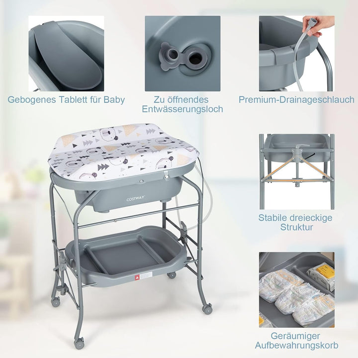 COSTWAY 4 in 1 Wickeltisch mit Badewanne, tragbare Wickelkommode mit PVC-Auflage & Abflussrohre, mob