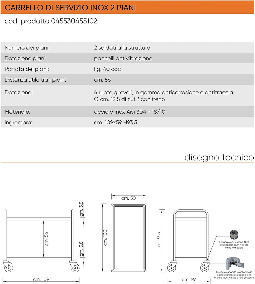 Servierwagen aus Edelstahl mit zwei Etagen (100, 50) 100.0 Zentimeter 50.0 Zentimeter, 100.0 Zentime