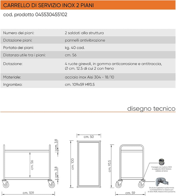 Servierwagen aus Edelstahl mit zwei Etagen (100, 50) 100.0 Zentimeter 50.0 Zentimeter, 100.0 Zentime