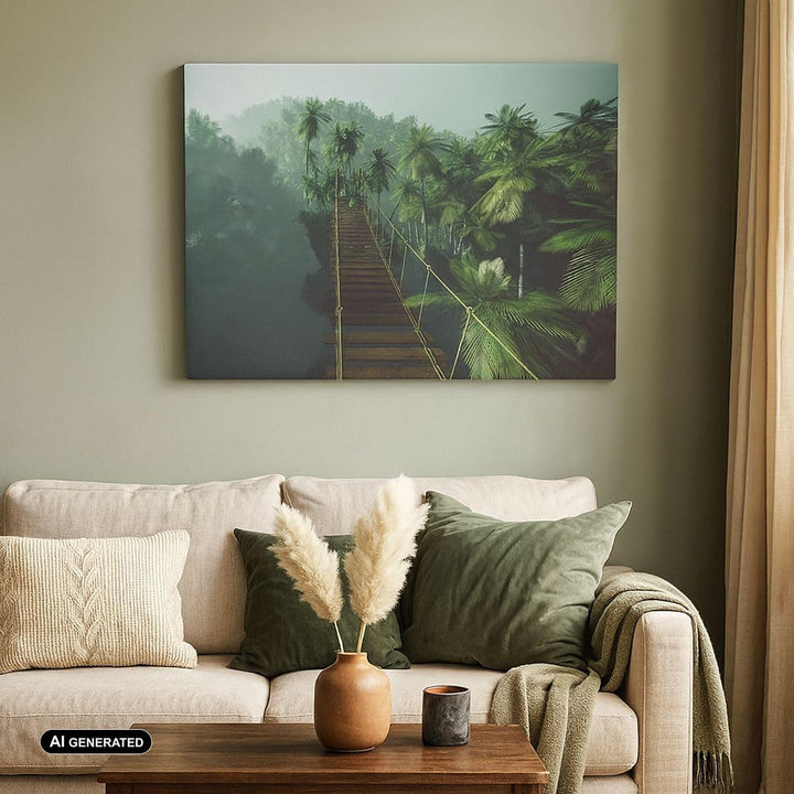 ARTTOR Bilder auf Leinwand 100x70cm Leinwandbild Dschungel Palme Brücke Gross Wanddeko Bild Schlafzi