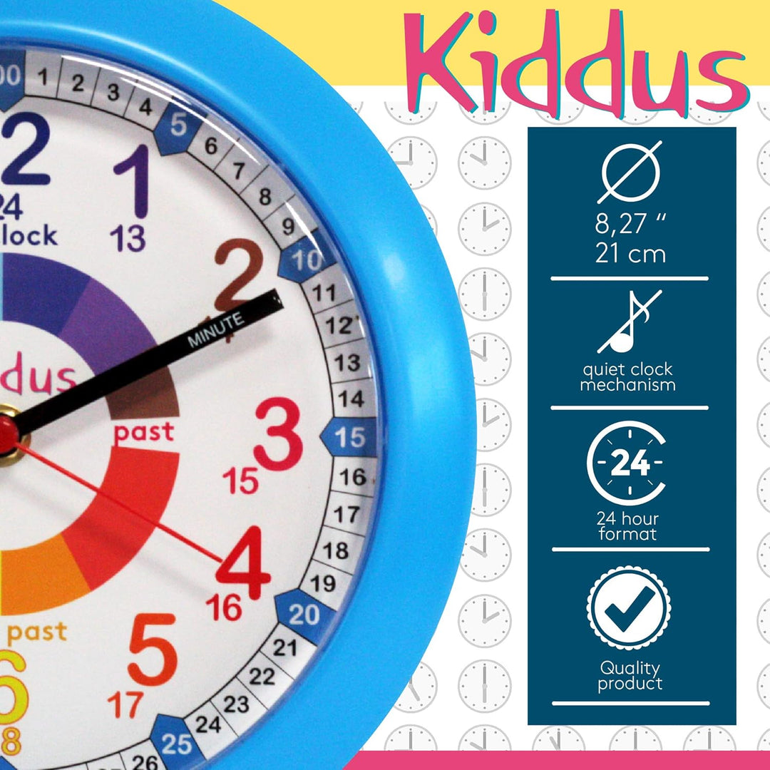 Kiddus Wanduhr für Kinder. Analoger Zeitlehrer mit Zeitlernübungen. Stilles Uhr. Viele Sprachen. Eng