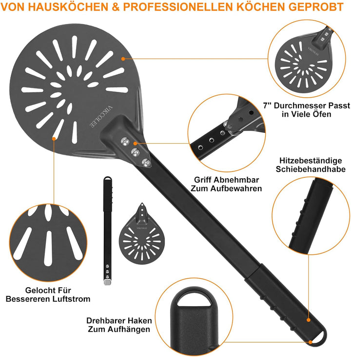 Perforierter Pizzaschieber, runder Pizzawender 17,8 cm, rutschfester Griff 42 cm, robuster eloxierte