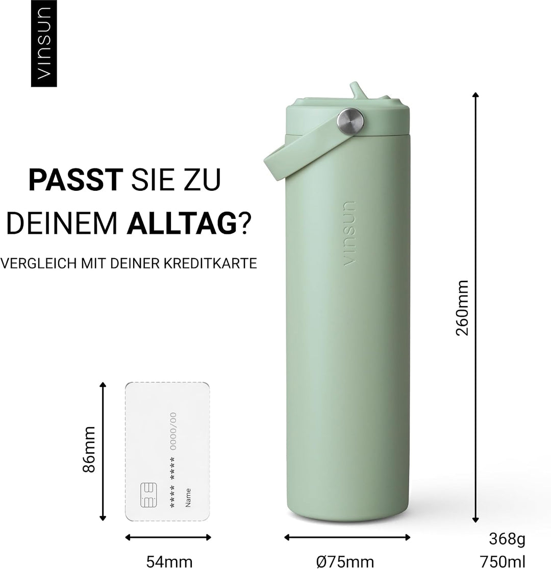 Vinsun Trinkflasche Edelstahl grün 750ml - Strohhalm &amp; Flexible Tragegriff Grün 750 ml, Grün 750 ml