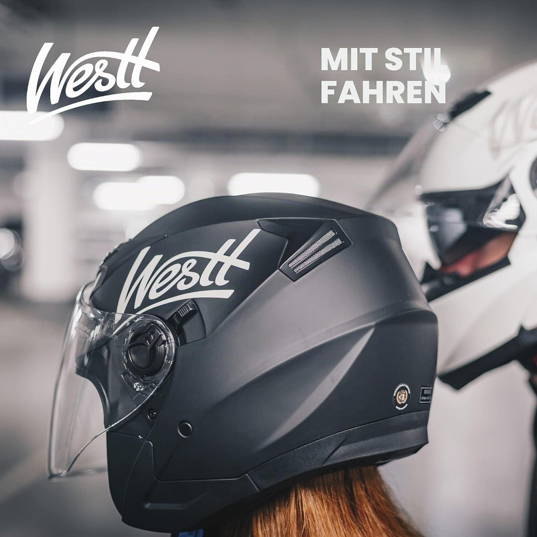 Westt Jethelm mit Visier &amp; Sonnenblende Motorradhelm Herren Damen Rollerhelm Mopedhelm Mofa Chopper