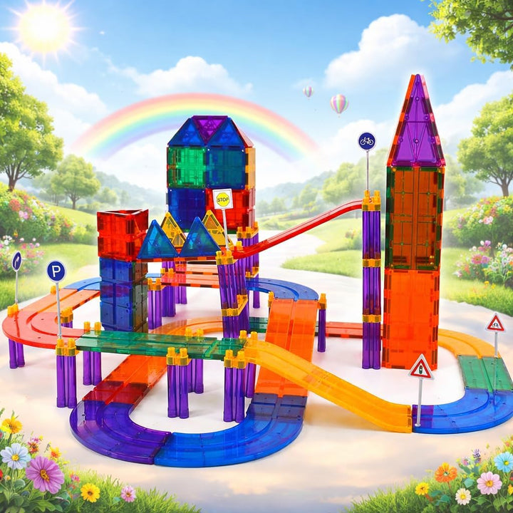 Wonder Toys 122 Stück Rennauto-Bausteine - Lernspielzeug - Magnetfliesen - Spielset 2 LKW - Lernbaus