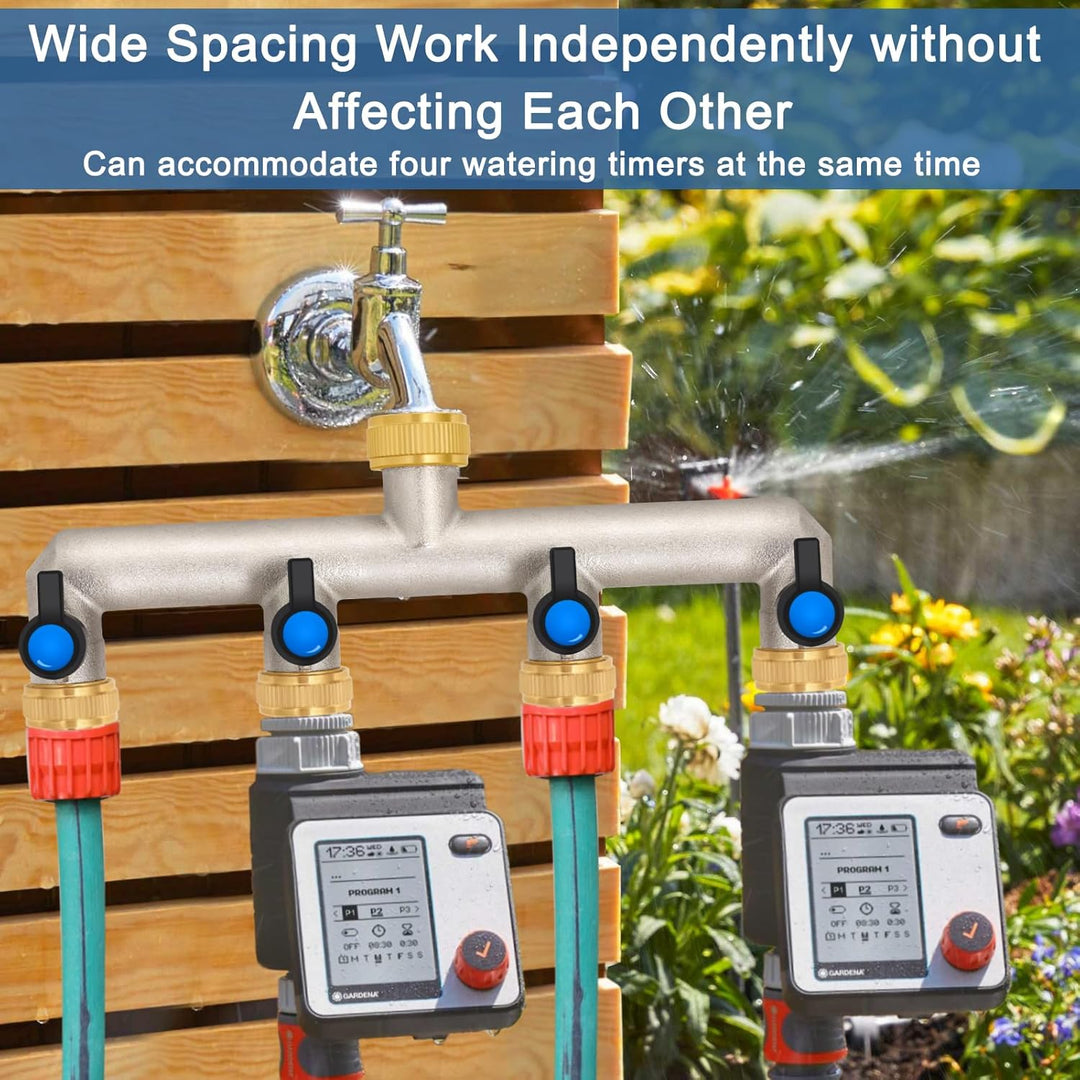 4-Wege Wasserhahn Wasserverteiler aus Messing für 4 Geräte/Gartenschläuche, 4er Verteiler 3/4" Adapt