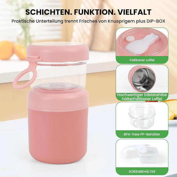 GEEKHOM 2er-Set Müslibecher To Go Edelstahl 530ml+330ml Joghurt und Müsli To Go Becher Klein Bpa Fre