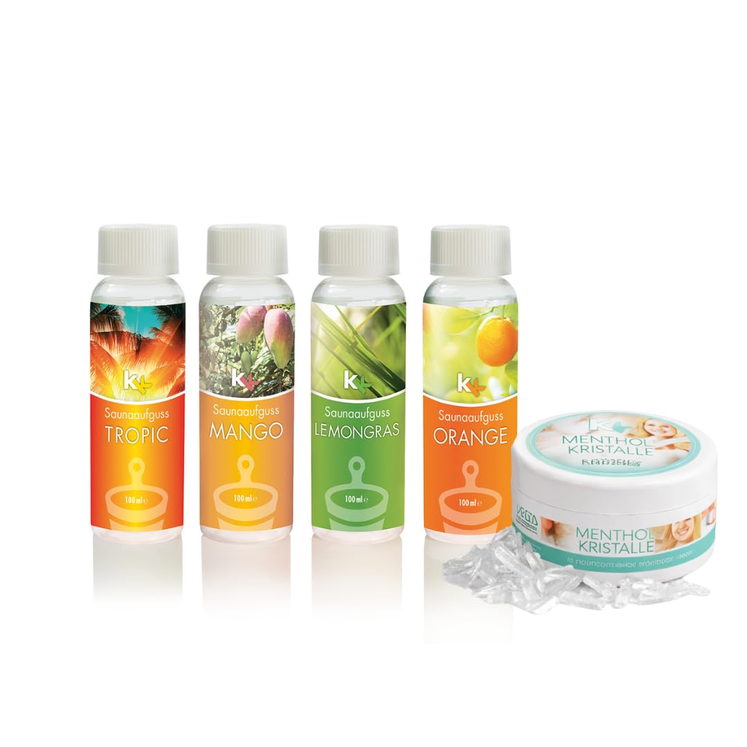 Sauna Set | KK Saunaaufgussset 4 x 100 ml + 50g Mentholkristalle | Saunakonzentrat + Menthol-Kristal