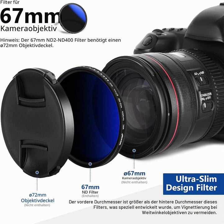 NEEWER 67mm Variabler ND Filter ND2-ND400 (1-9 Stops), Graufilter, Neutraldichtefilter, mehrere Besc