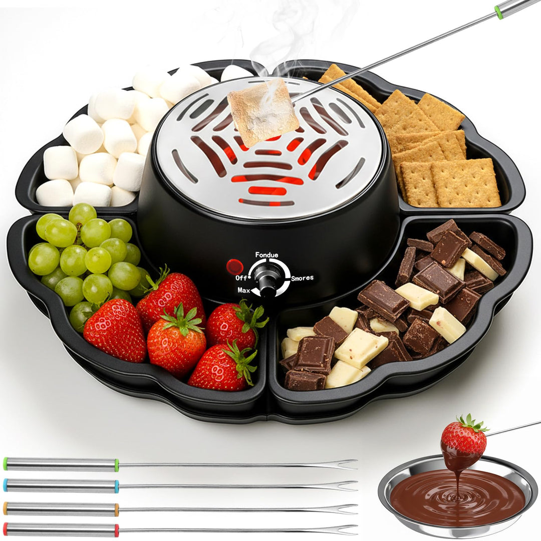 2-in-1 Smores Maker & Schokoladenfondue Set – S'Mores Set für Innenräume, Flammenloser Röster mit 4