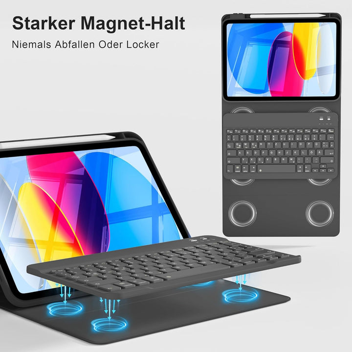 Hülle mit Tastatur für iPad A16 11/10 Generation (2025/2022, 11/10.9 Zoll) - QWERTZ Deutsches Layout