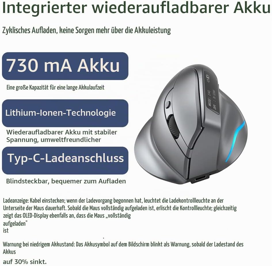 zelotes Bluetooth Kabellose Maus mit Display,Wiederaufladbar,BT 5.0/3.0 + 2.4G,3200DPI,7 Tasten,USB