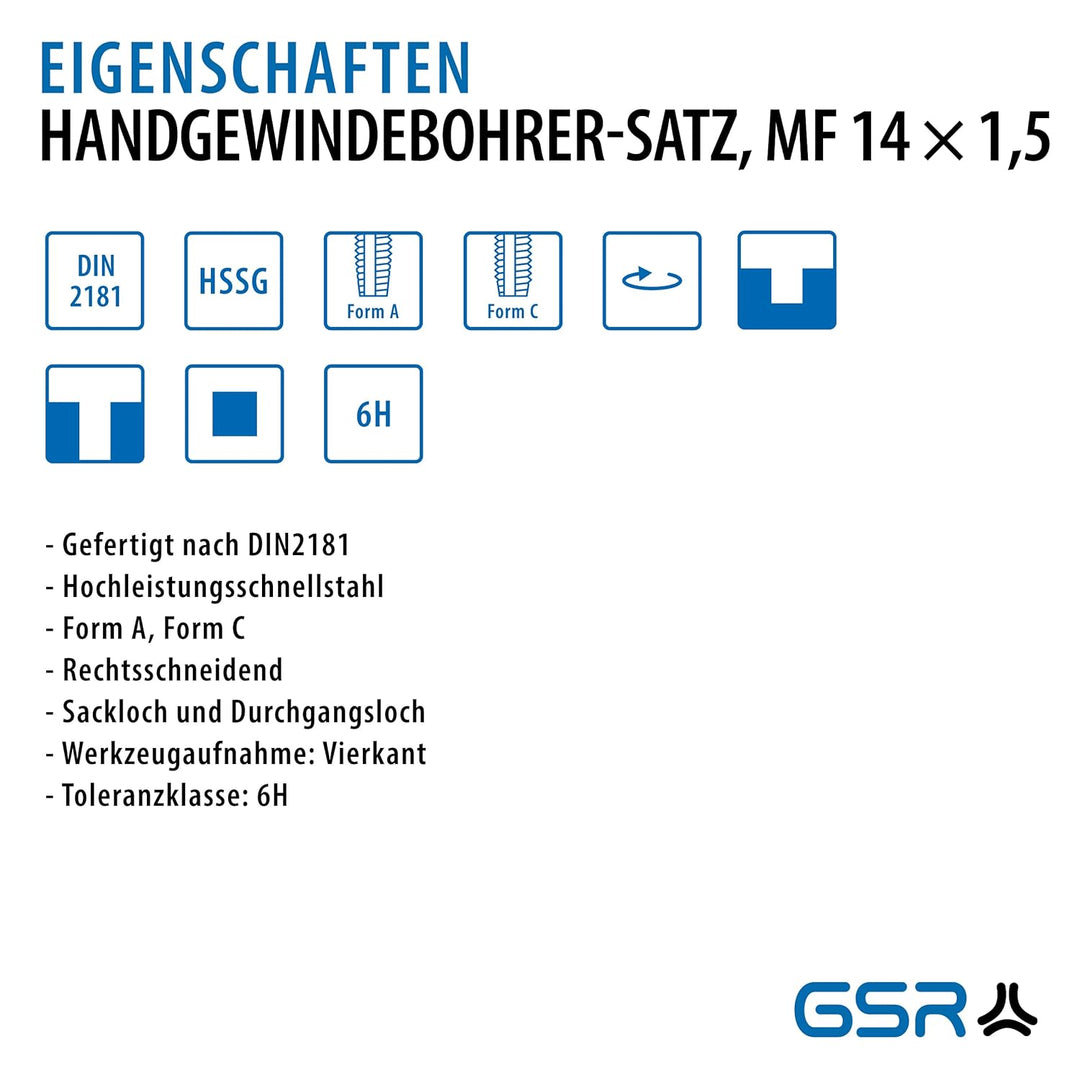 GSR PROFI Gewindebohrer MF14 x 1,5 Satz, HSSG Metallbohrer, 2 teilig, Geschliffen, Für Metrische Fei