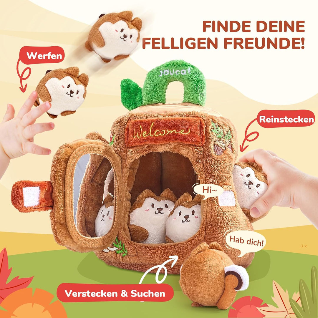 JoyCat Baby Spielzeug 6-12 Monate, Montessori BabySpielzeug Baumhaus | 5 Plüsch Eichhörnchen, Rassel