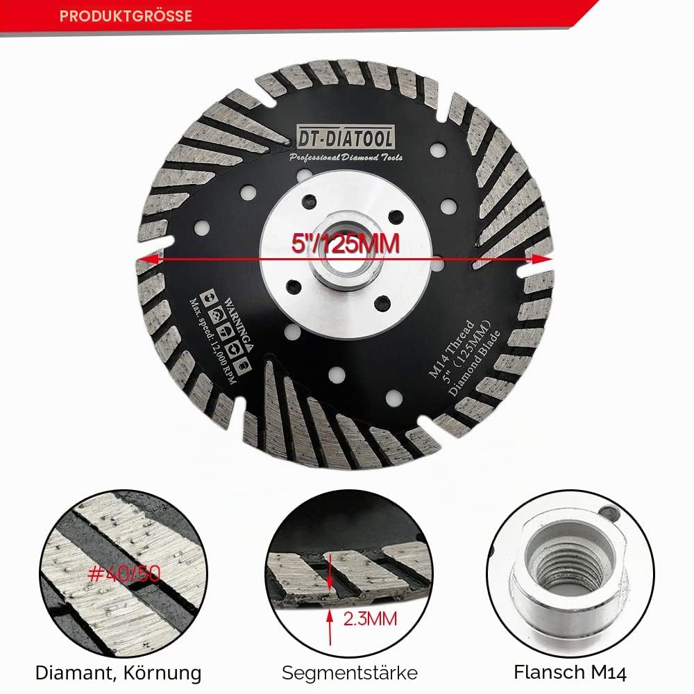 DT-DIATOOL Diamant Trennscheibe 2 Stücke 125 mm x M14 Turbo Sägeblatt mit Schutzzähne zum Schneiden