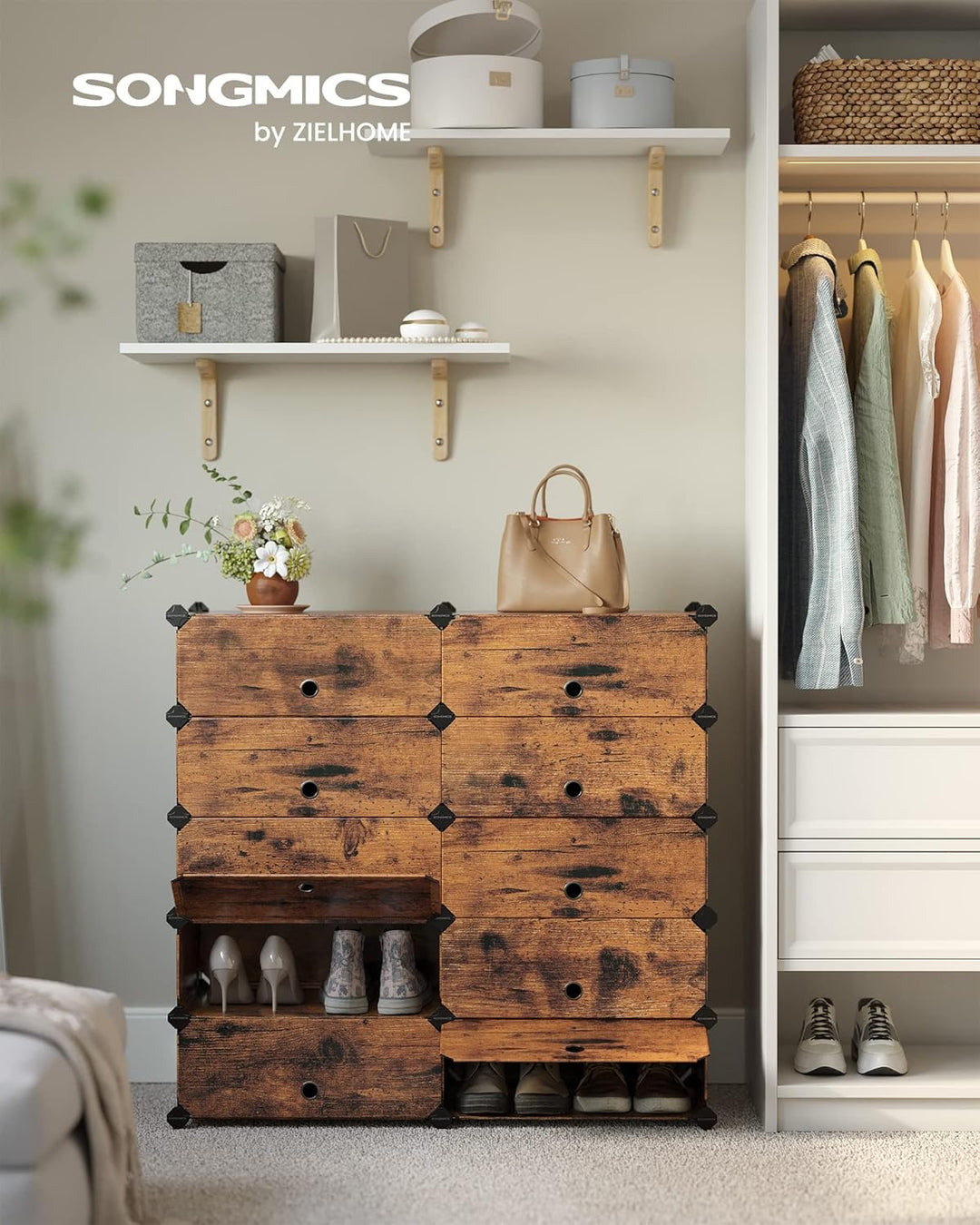 SONGMICS Schuhregal mit 10 Ebenen, Steckregal, Regalsystem, Schuh-Organizer, DIY-Regal, mit Tür, aus