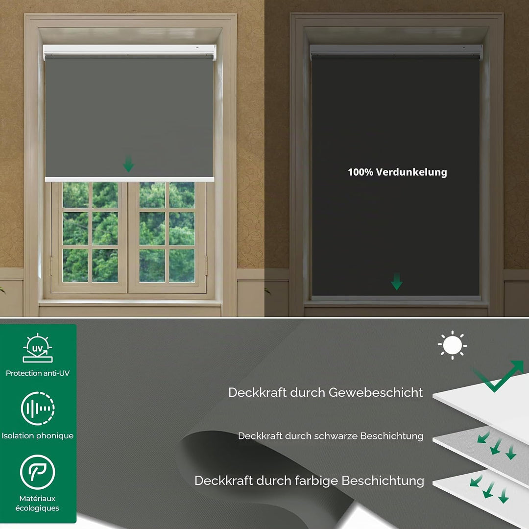 Allesin Wiederaufladbare Verdunklungsrollo ohne Bohren, (45x100cm,Anthrazit) Elektrische Rollo Innen