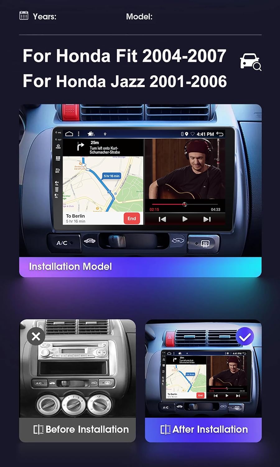 [6G+128G] Android 15 Autoradio Passt für Honda Fit (2004-2007) / Honda Jazz (2001-2006) - Eingebaut