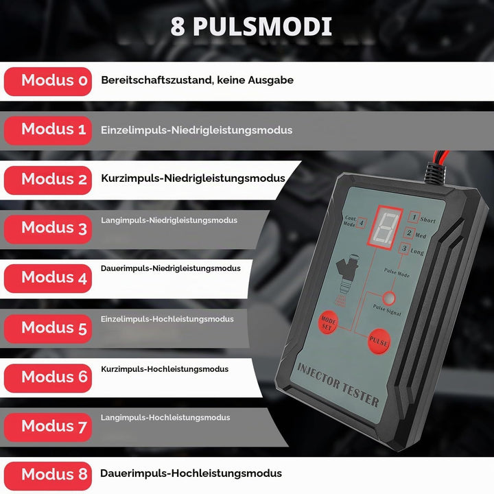 ZKTOOL Automotive Einspritzdüsen-Tester, 2 Düsenreinigungsadapter, 8 Impulsmodi, 12 V/5 V Ausgangsle