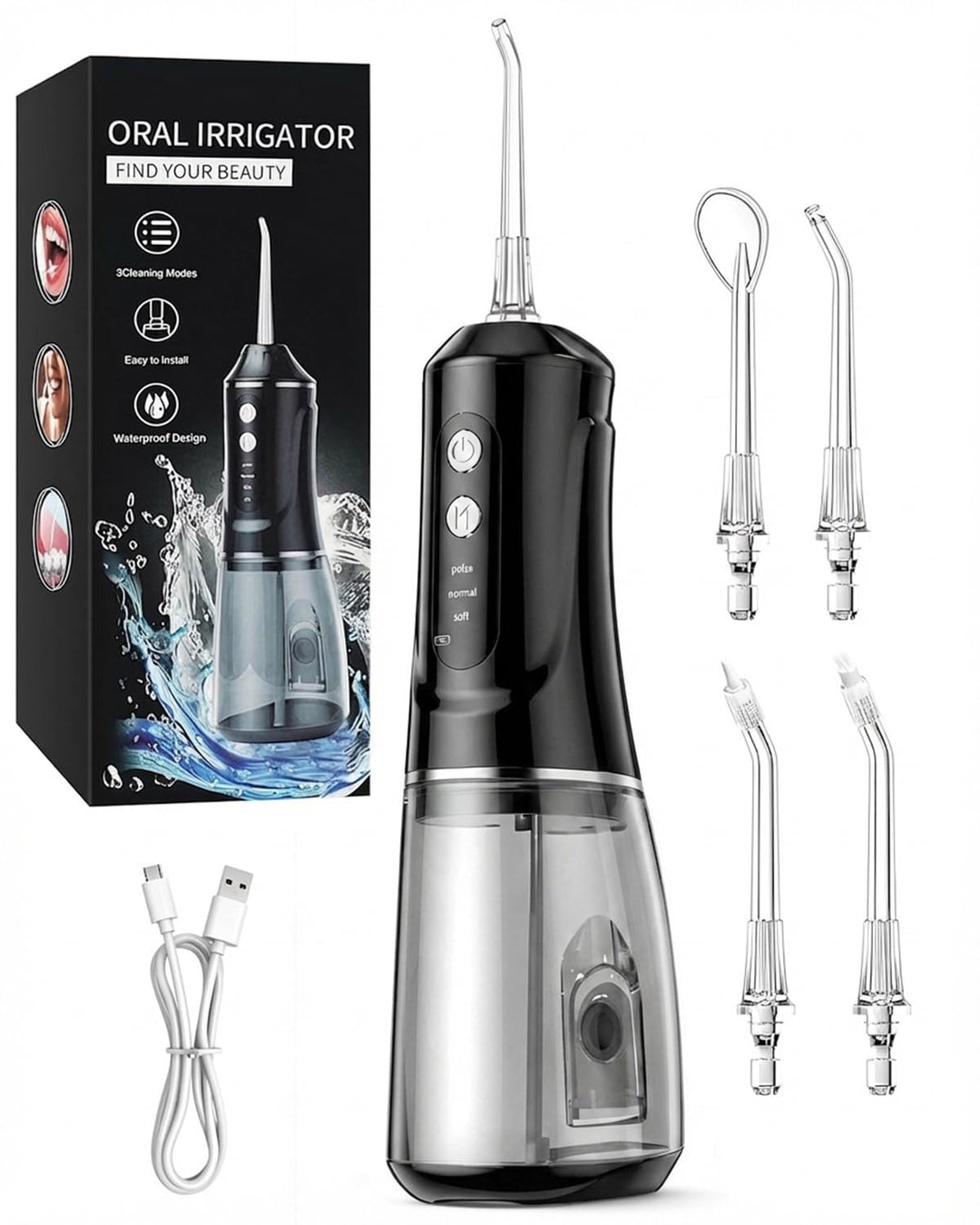 Kabellose Munddusche Elektrisch – 380ml Wassertank, 3 Modi &amp; 4 Düsen, 1600 Wasserstösse/Min, IPX7 Wa