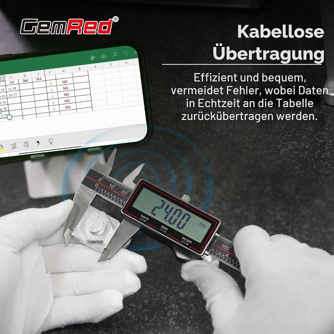 GemRed Digitaler Messschieber 150 mm, Kabelloser Edelstahl Messschieber mit Grossem LCD-Display, Sch