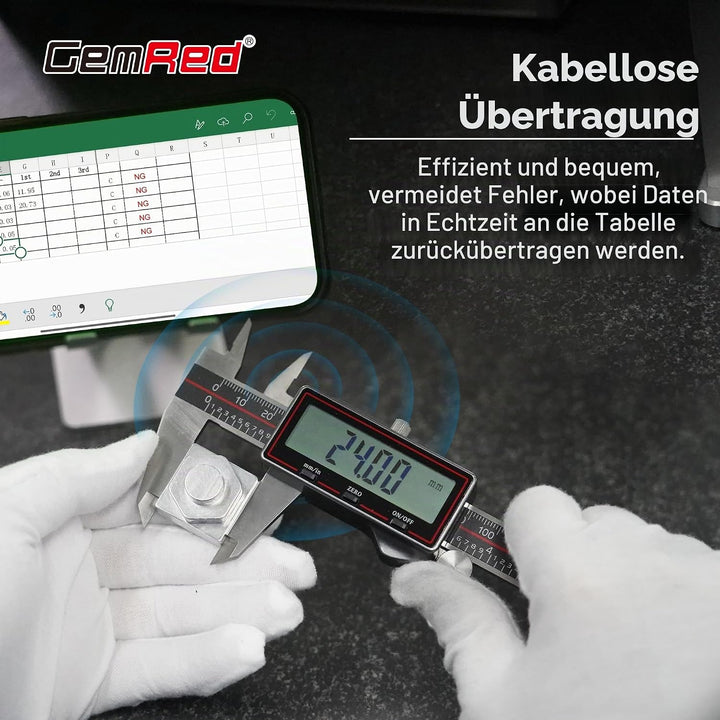 GemRed Digitaler Messschieber 150 mm, Kabelloser Edelstahl Messschieber mit Grossem LCD-Display, Sch