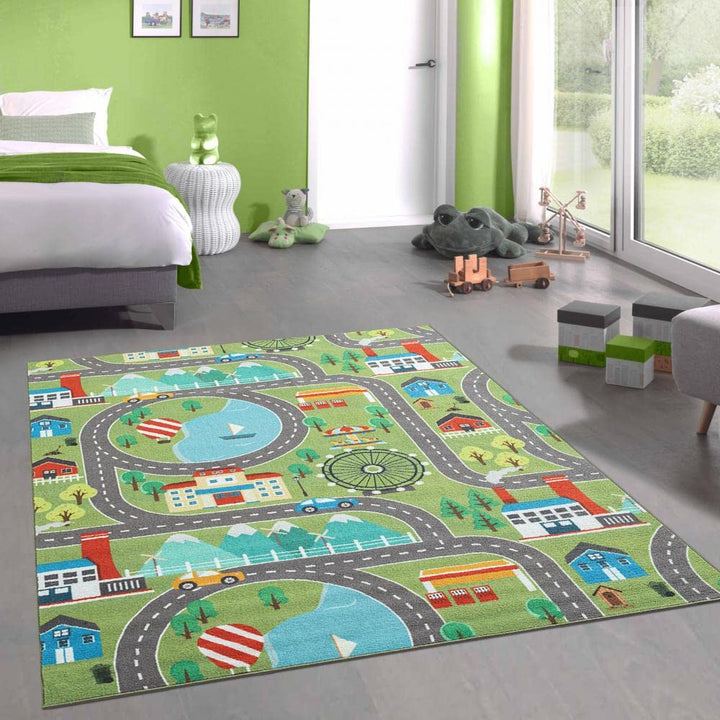 CARPETIA Kinder Spielmatte mit Blick auf die Stadt in der Natur in grün Grösse 80x150 cm Strasse Grü
