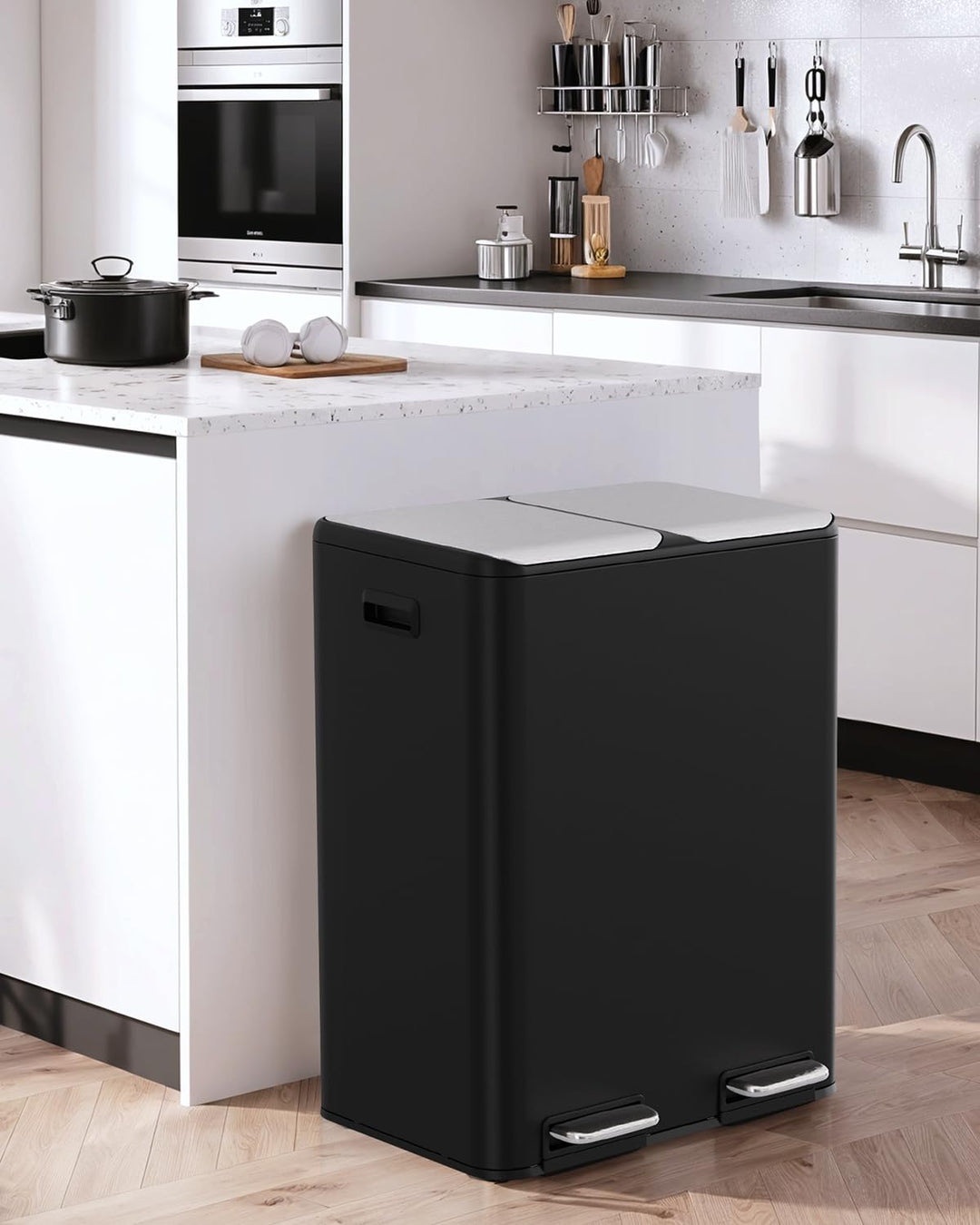 LIFERUN Mülleimer 2 Fächer, 2 x 30 Liter Treteimer mit Geruchsfilter, Deckel Geräuschlos, Inneneimer
