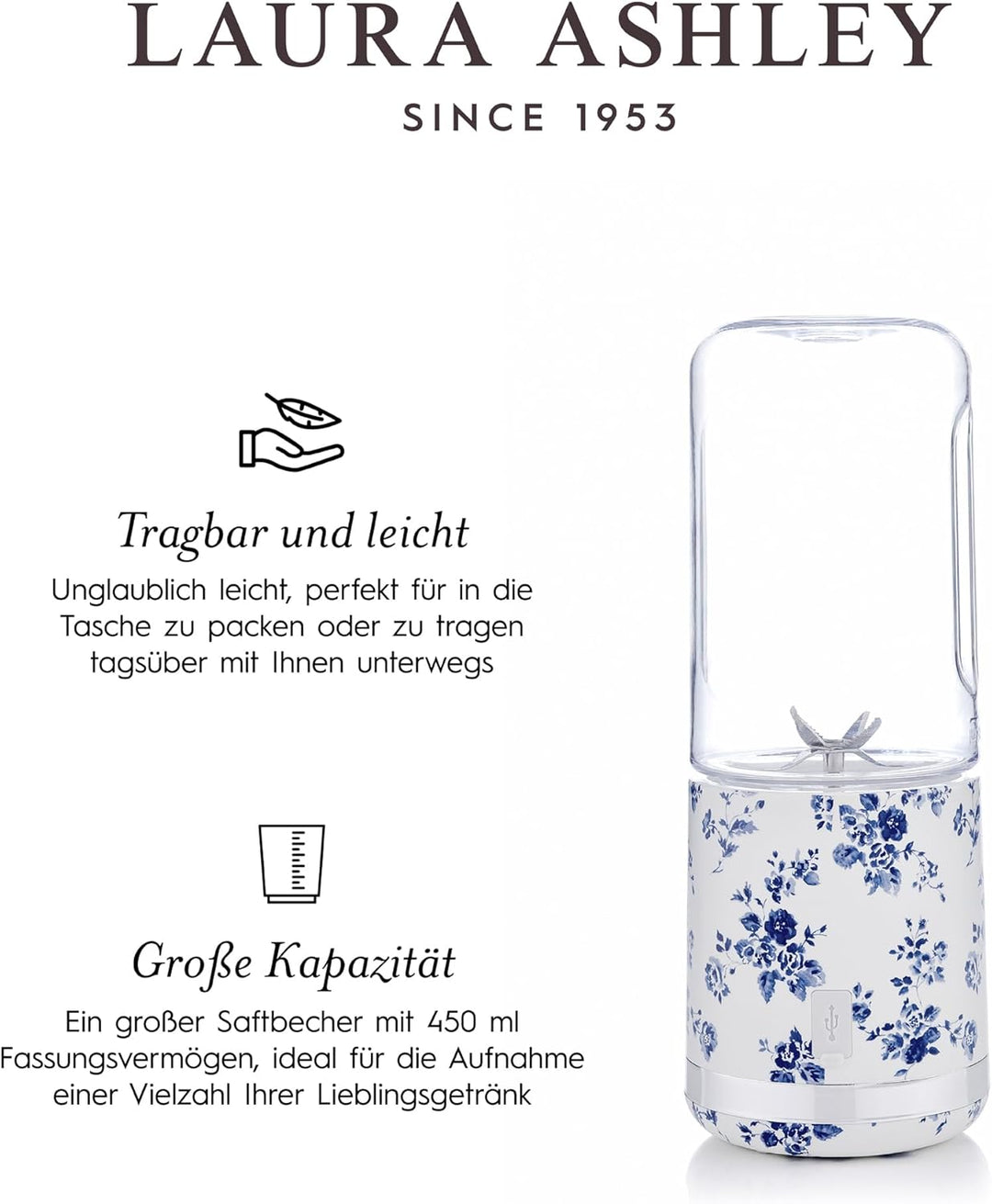 Laura Ashley Portable Blender Smoothie Maker to Go mit China Rose Design und 450 ml Flasche von VQ –