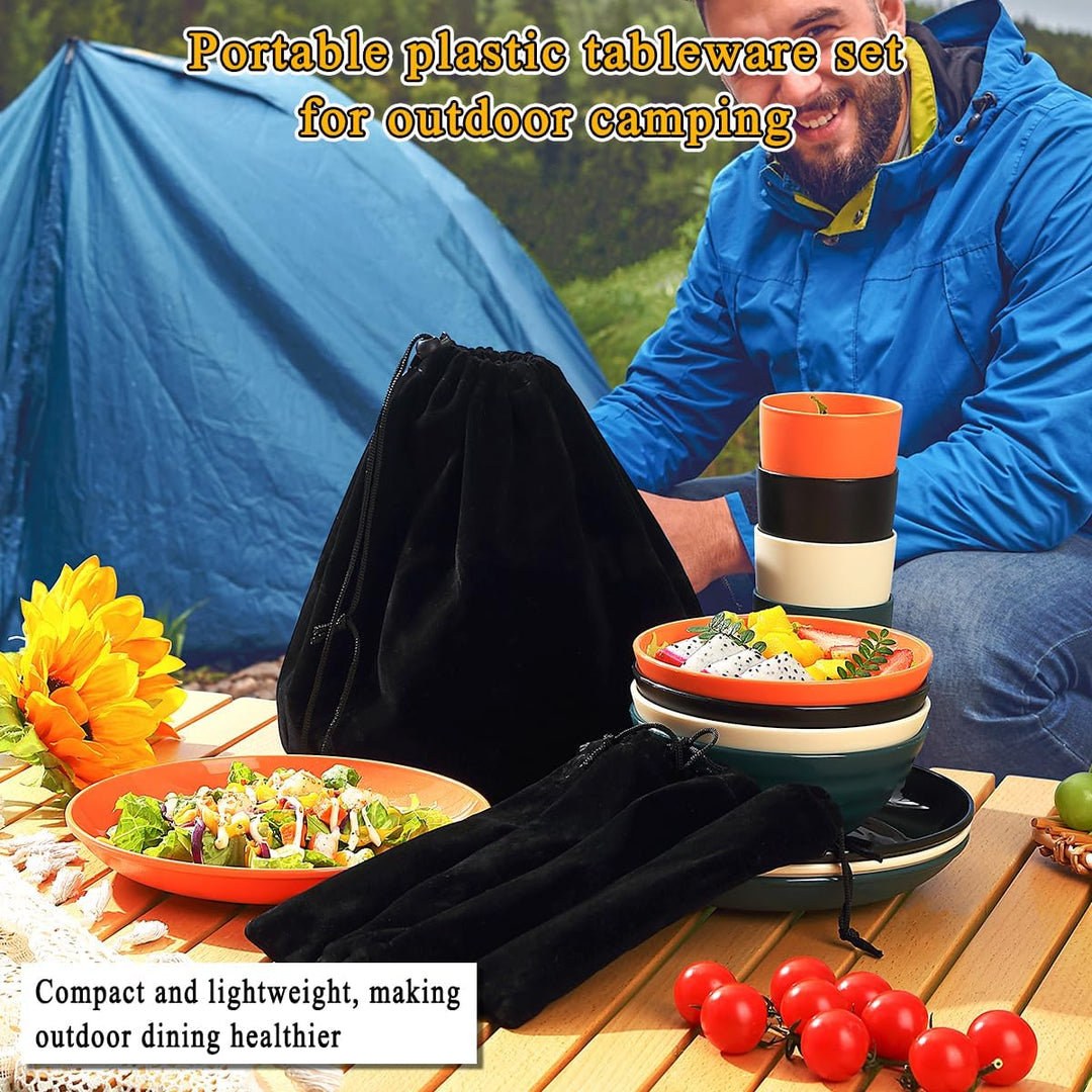 Kyraton Camping Besteck Set, wiederverwendbarer Leichter Becher, Schalen, Teller und Edelstahlbestec