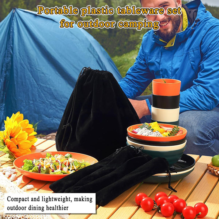 Kyraton Camping Besteck Set, wiederverwendbarer Leichter Becher, Schalen, Teller und Edelstahlbestec