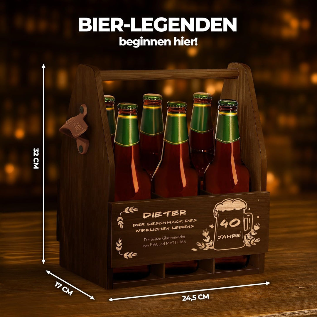 Maverton Bierträger für 6 Flaschen 0,5L + Gravur - Männerhandtasche mit Flaschenöffner - Grösse: 25x