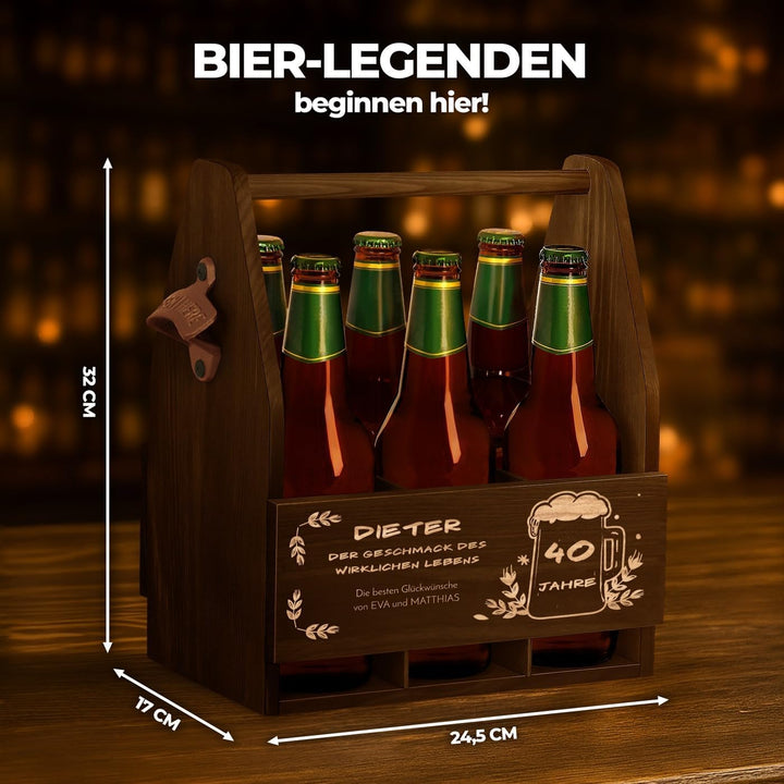 Maverton Bierträger für 6 Flaschen 0,5L + Gravur - Männerhandtasche mit Flaschenöffner - Grösse: 25x