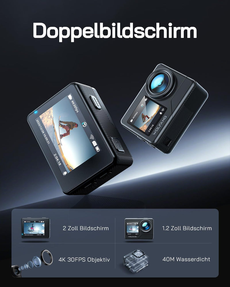 WOLFANG GA120 Action Cam 4K 20MP WiFi Kamera, Unterwasserkamera 40M Wasserdicht Kamera, 170° Weitwin