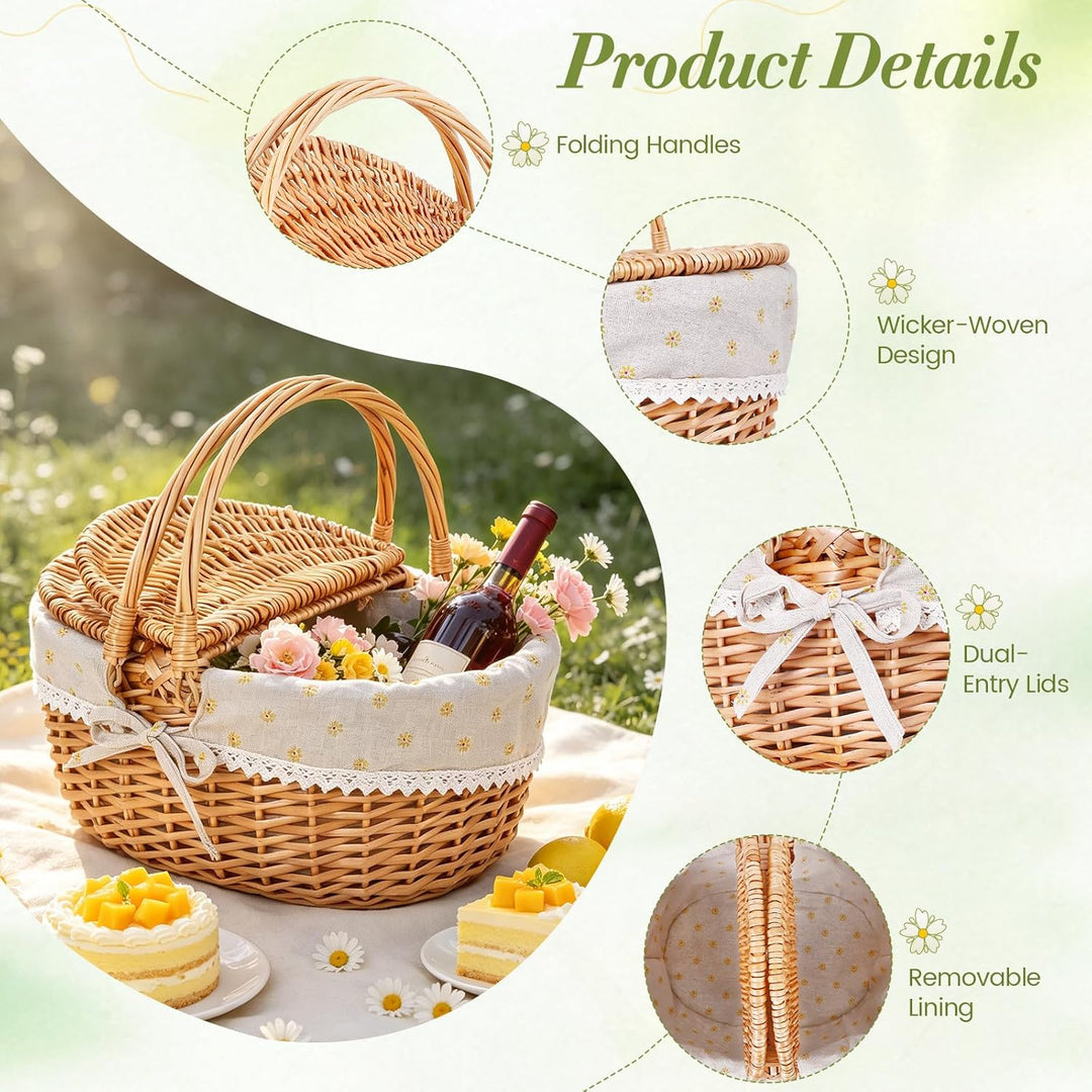 Picknickkorb,Picknickkorb 2 Personen mit Doppelt zu öffnendem Deckel und Klappbarem Griff,Picknick K