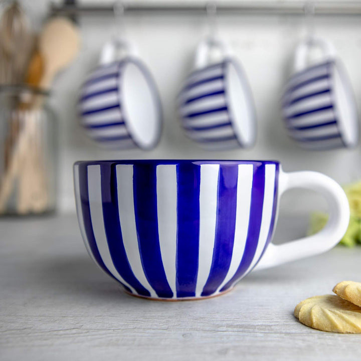 City to Cottage® - Keramik XXL Tasse 500 ml | Kaffeebecher | Blau-Weiss gestreift | Handgemacht | Ke