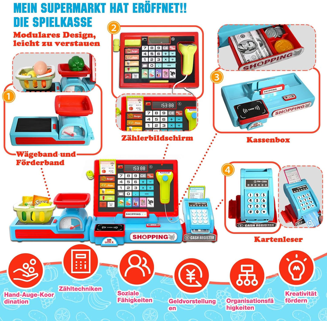 Kasse Kinder Spielzeug, Kinderkasse mit Scanner, Sound, Rechnerfunktion, Spielgeld und Zubehör, Kauf