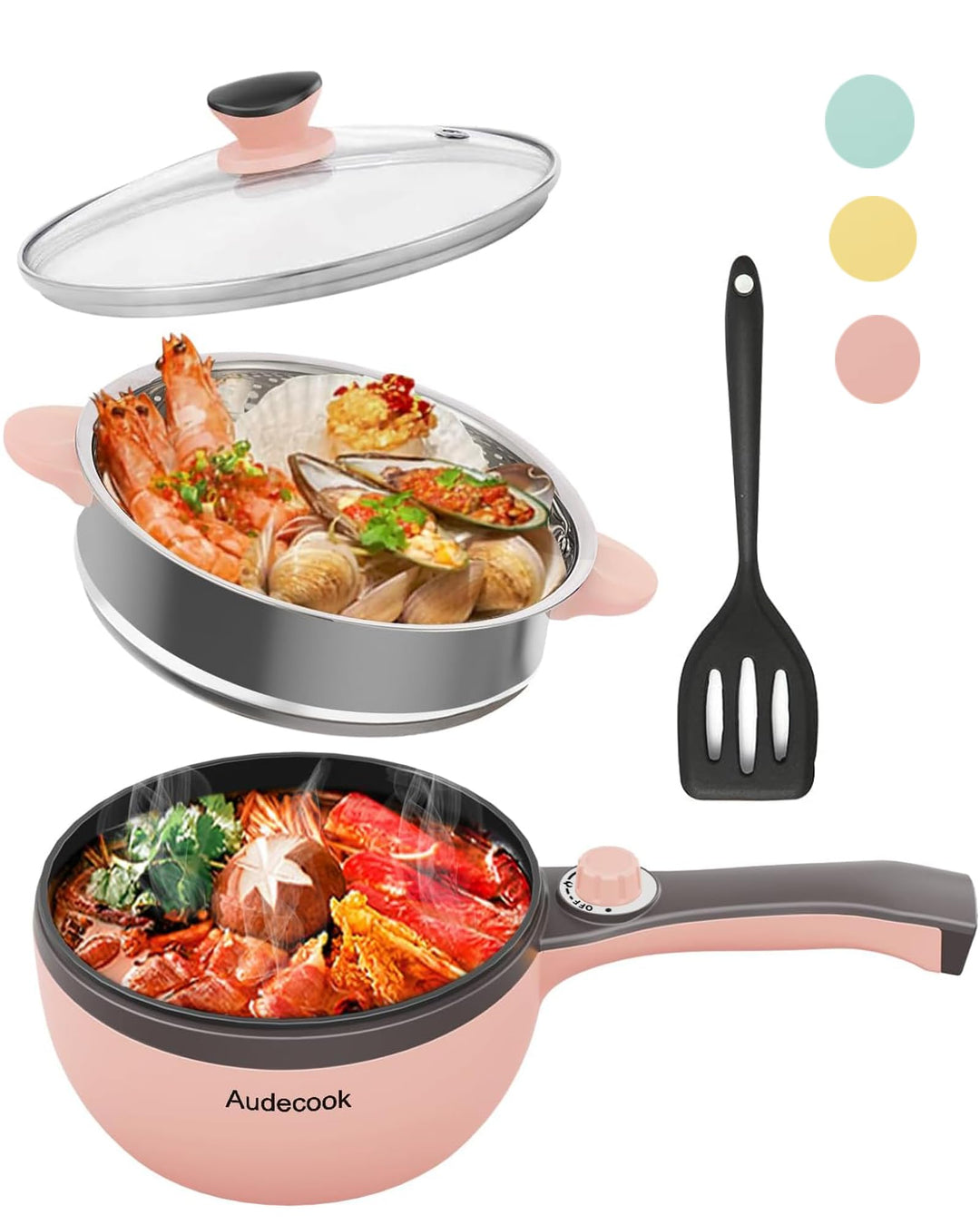 Audecook Elektrische Pfannen mit Dampfgarer, 1,5L Bratpfanne 20cm, Antihaft Klein Elektropfanne, Mul